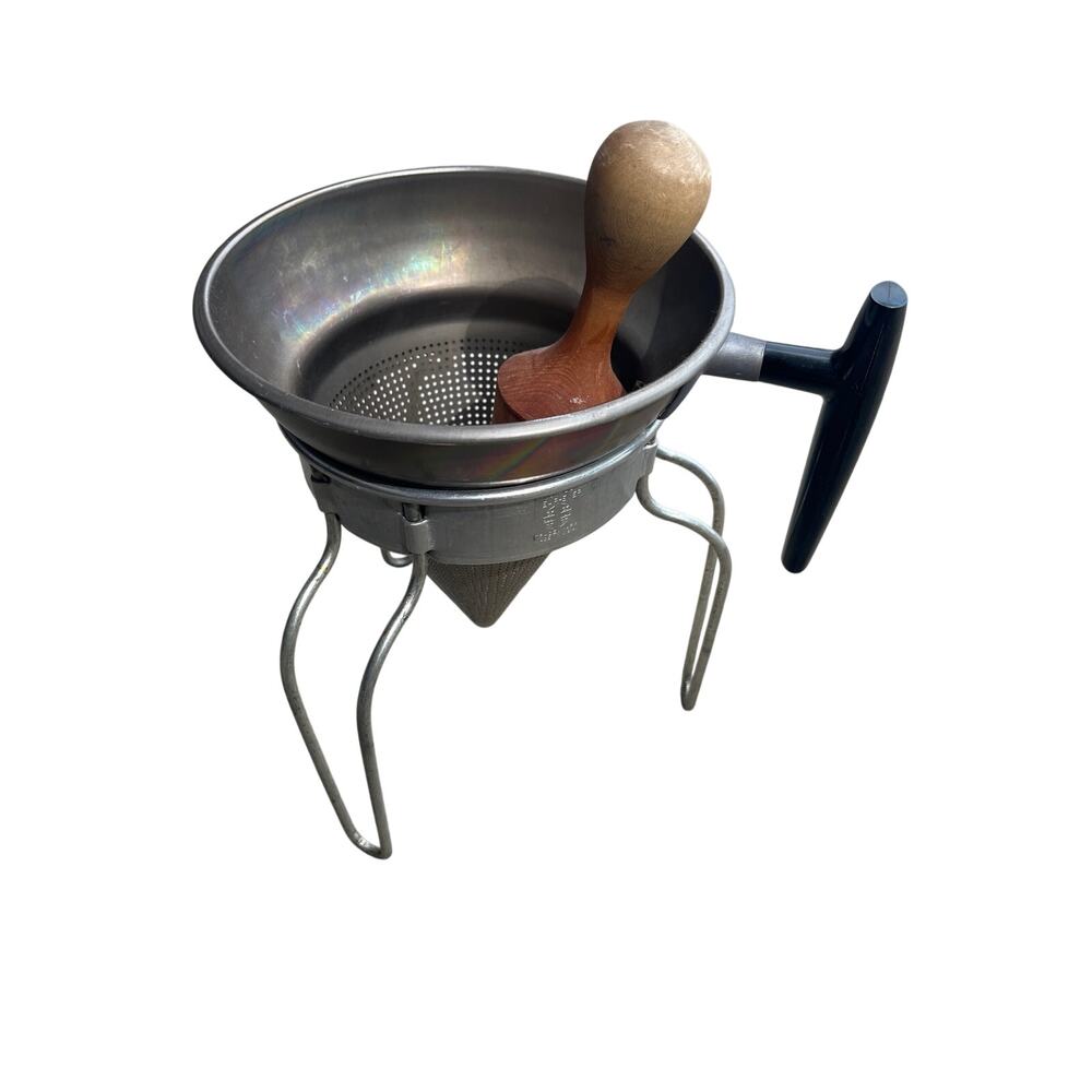 Vintage Wear-Ever #480 ALUMINUM CONE Colander Strainer Sieve w/ Pestle & Stand